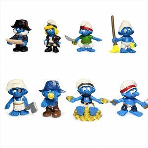 Vintage Authentic Schleich Smurfb-Pirate Smurfs Full Set of 8 (Made in Germany)
